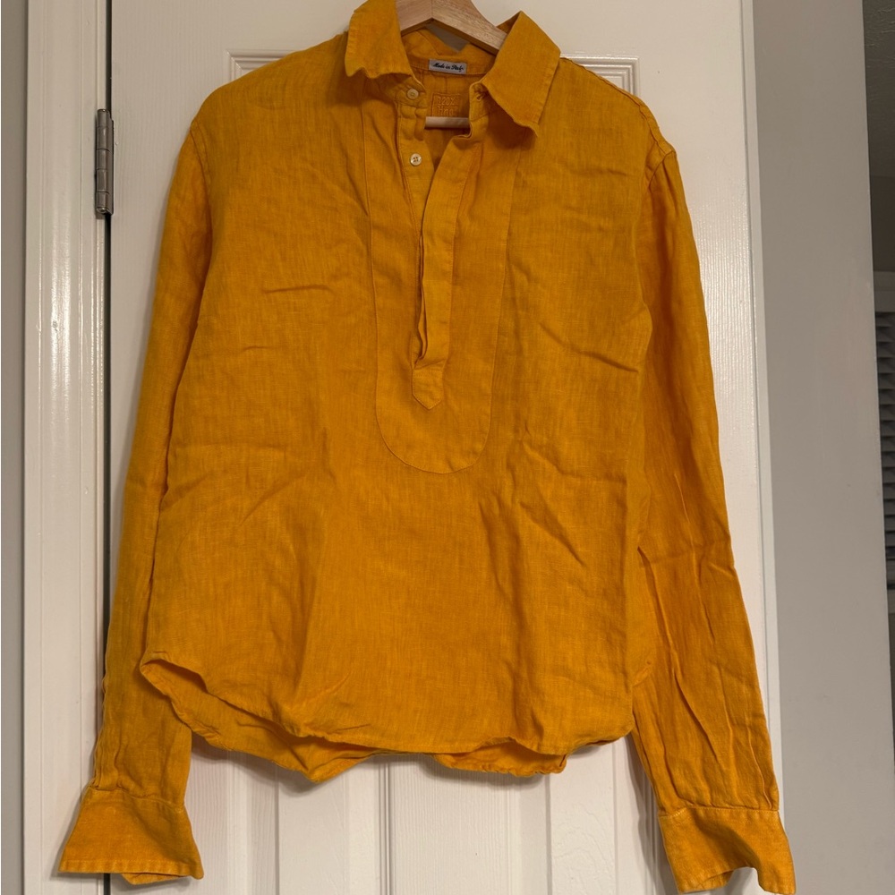 120% Lino Linen Collared Long Sleeve Blouse in Golden Yellow Color